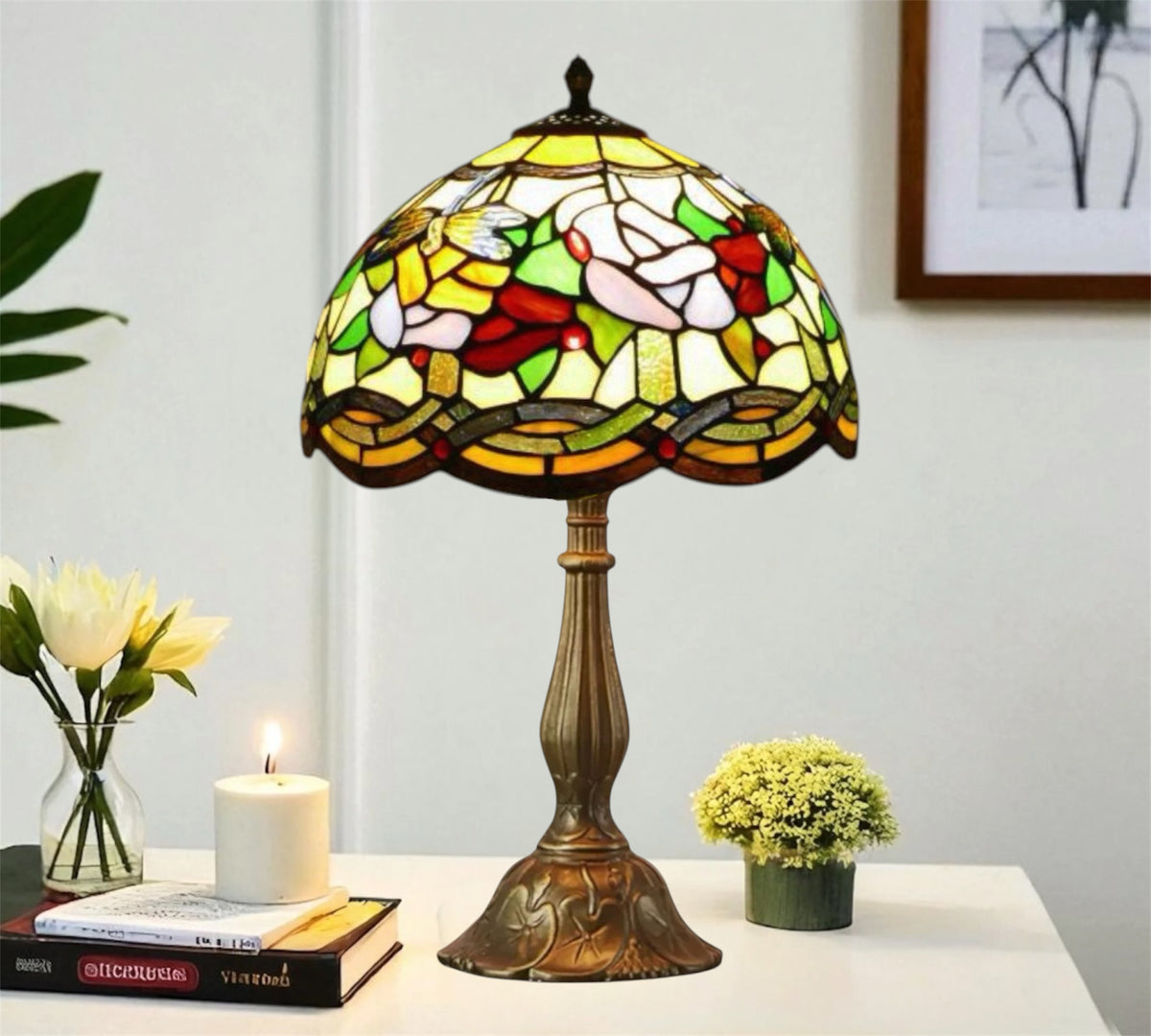 12-inch Tiffany-style table lamp with multicolor stained-glass shade and bronze base