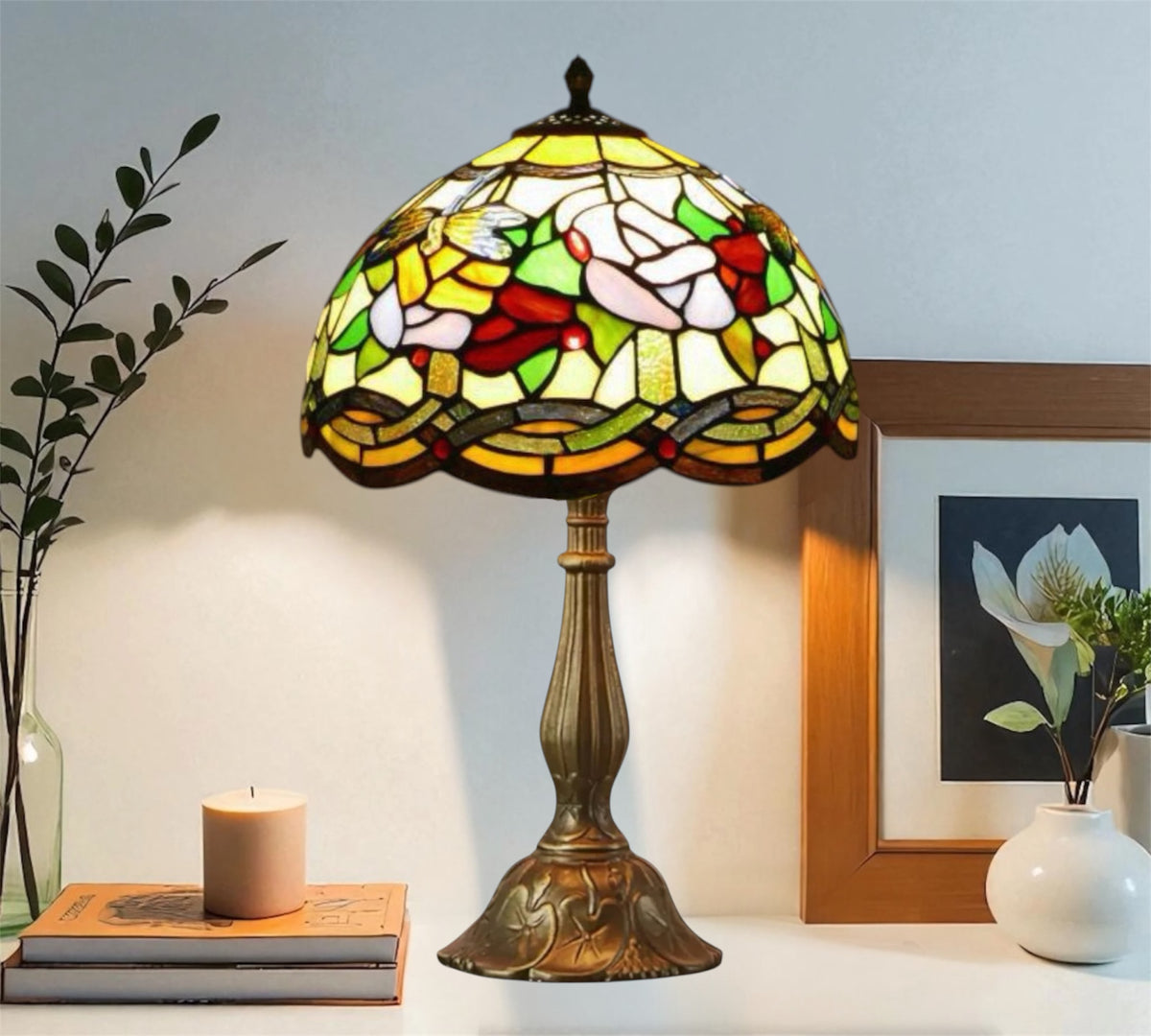 Tiffany table lamp with multicolor stained-glass dome shade and bronze metal base