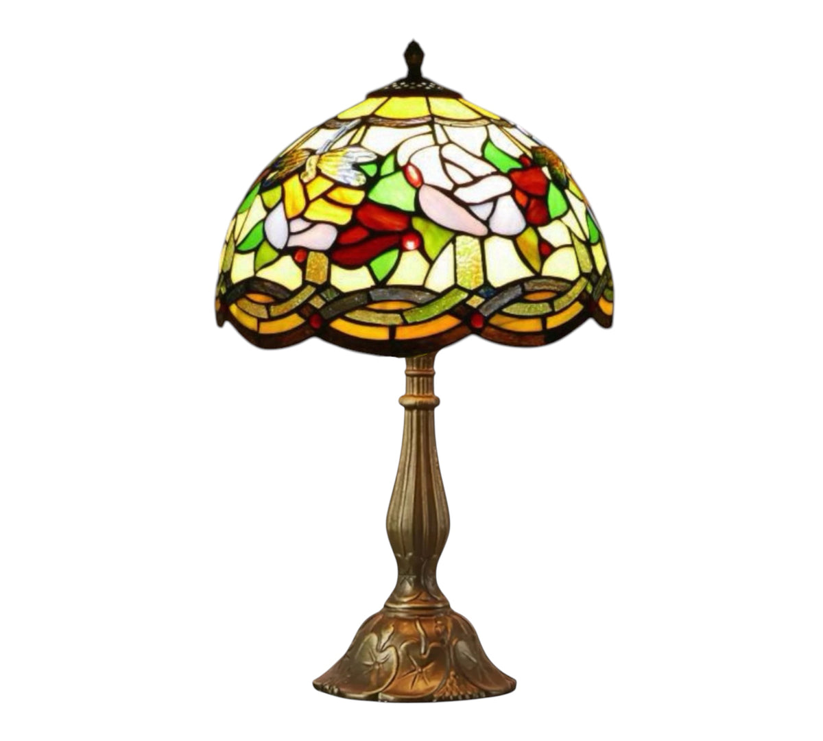 Tiffany-style table lamp with multicolor stained-glass shade and bronze base
