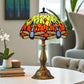 Stained glass table lamp with colorful green, orange and red shade and bronze base
