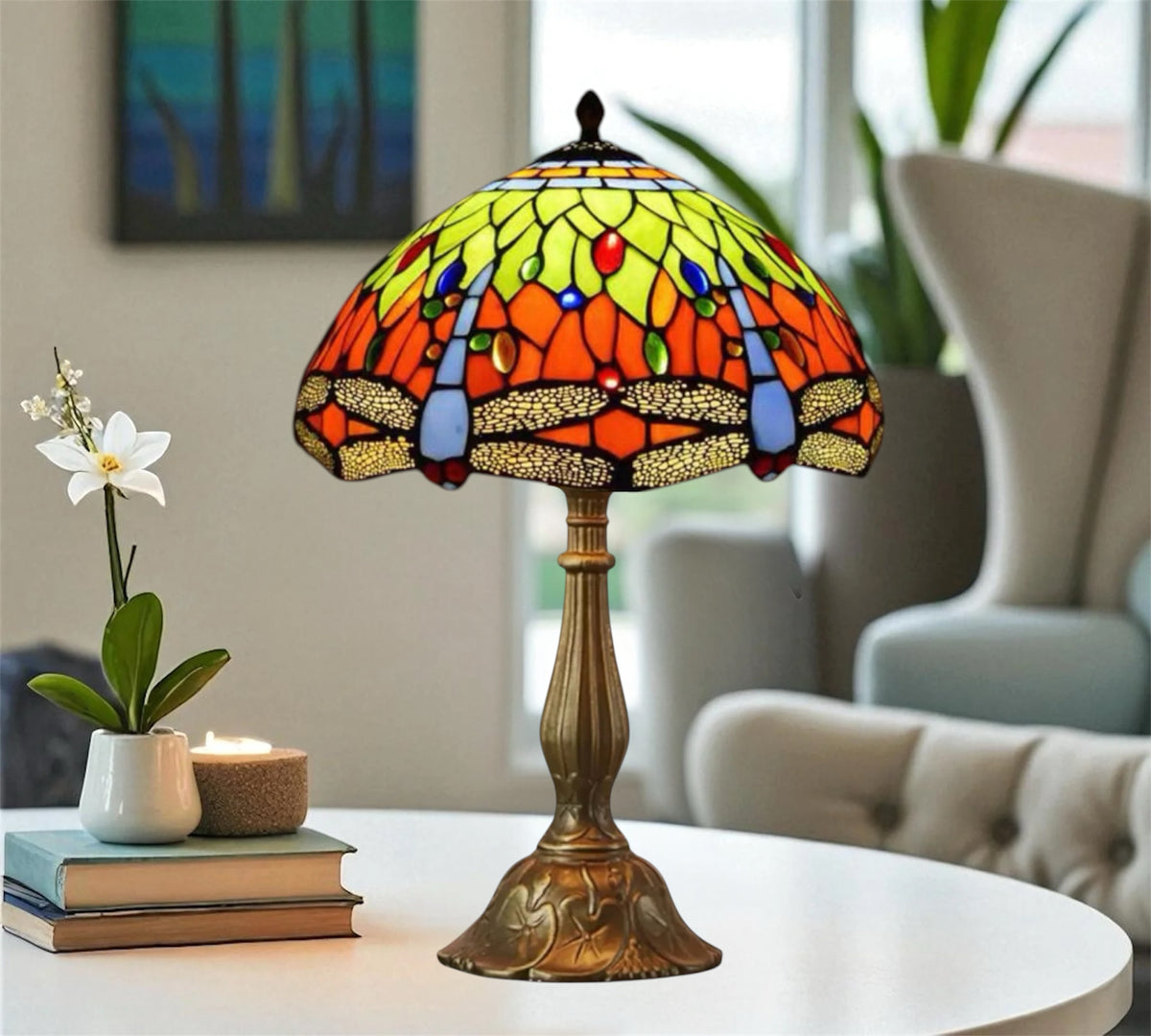 Stained glass table lamp with colorful green, orange and red shade and bronze base