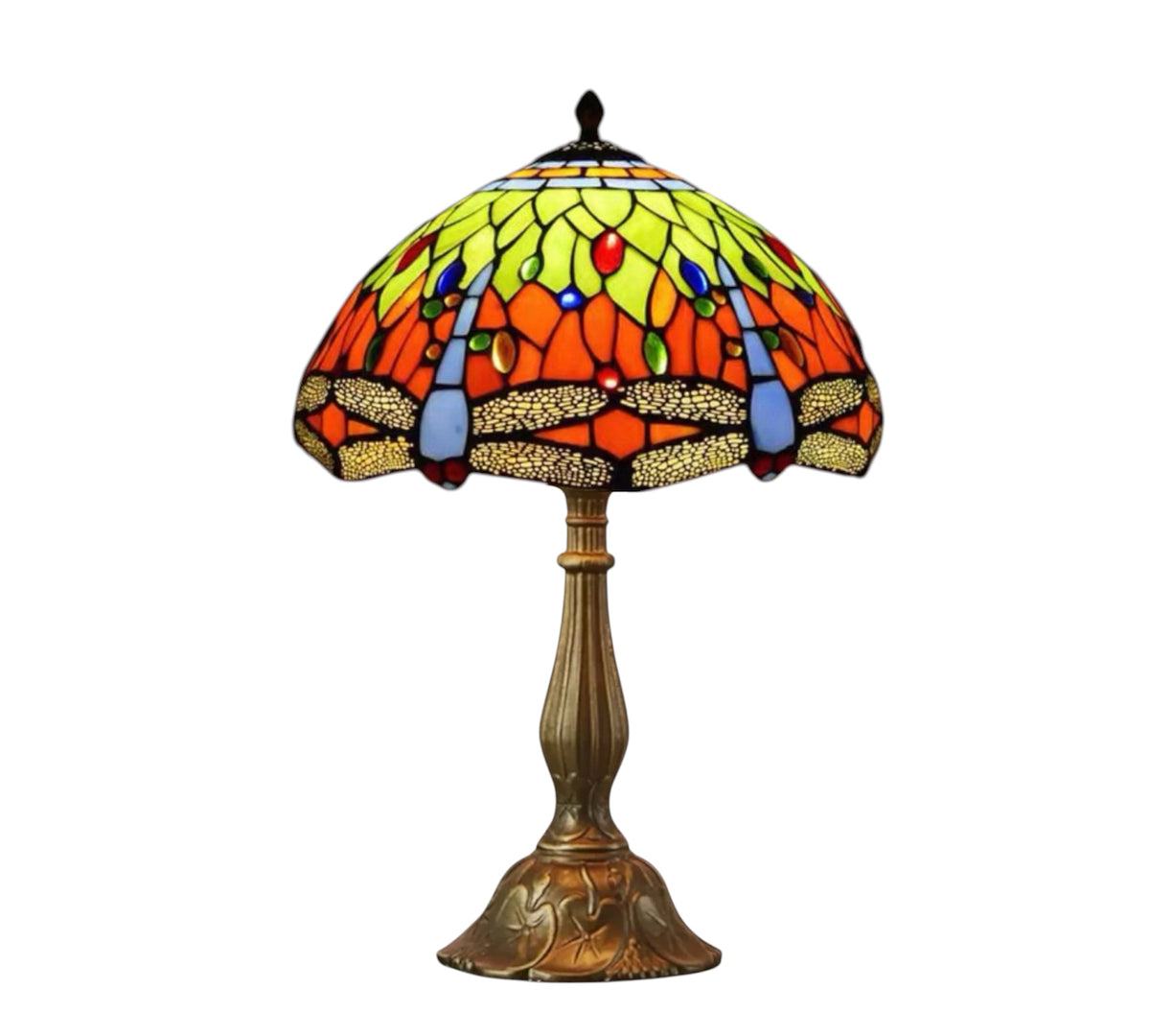 Tiffany-style table lamp with round domed stained-glass shade and bronze pedestal base