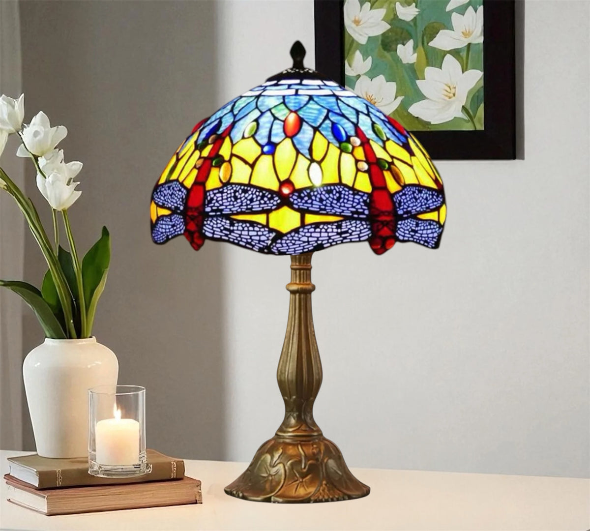 Tiffany-style stained glass table lamp with colorful dome shade and bronze metal base