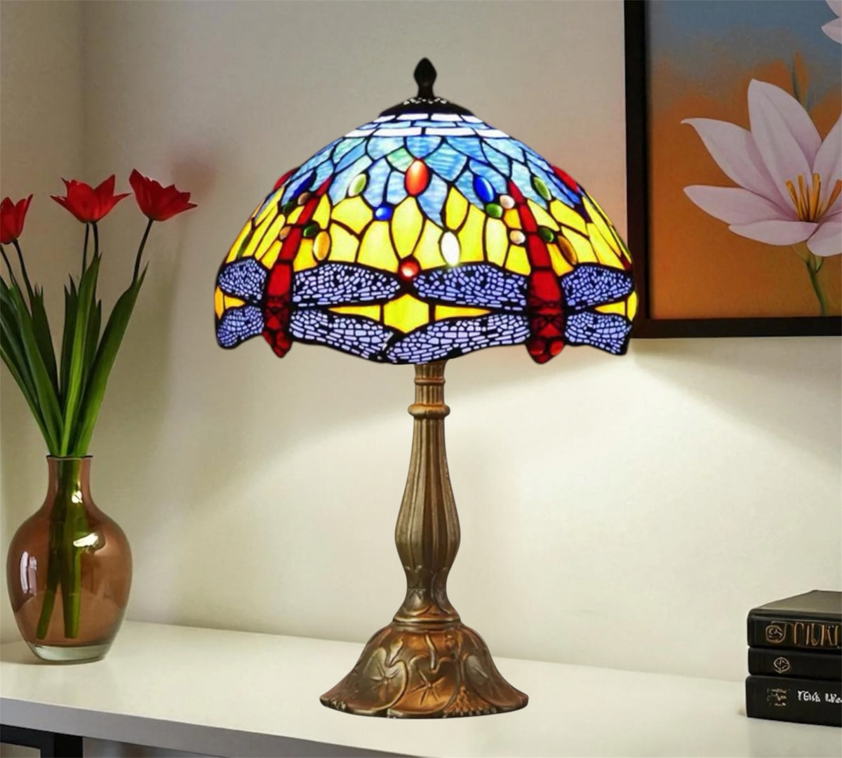 Colorful stained glass Tiffany table lamp with dome shade and bronze metal pedestal base