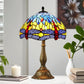 Tiffany-style stained glass table lamp with colorful dome shade and bronze metal base