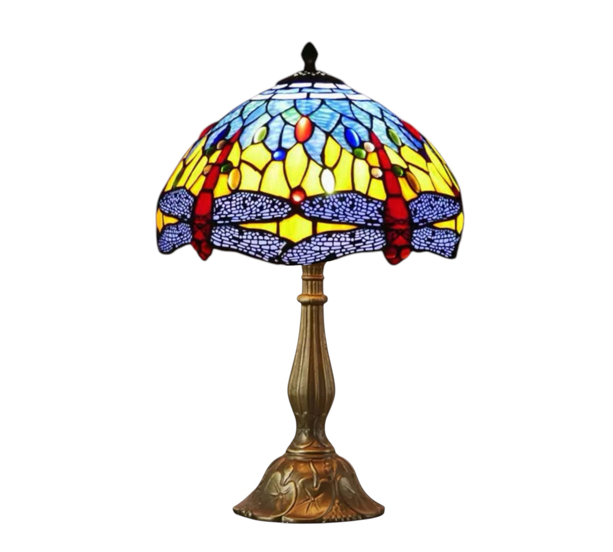 Stained glass Tiffany table lamp with multicolor dome shade and bronze pedestal base