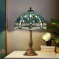 Tiffany stained glass table lamp with green-blue shade and detailed bronze foot