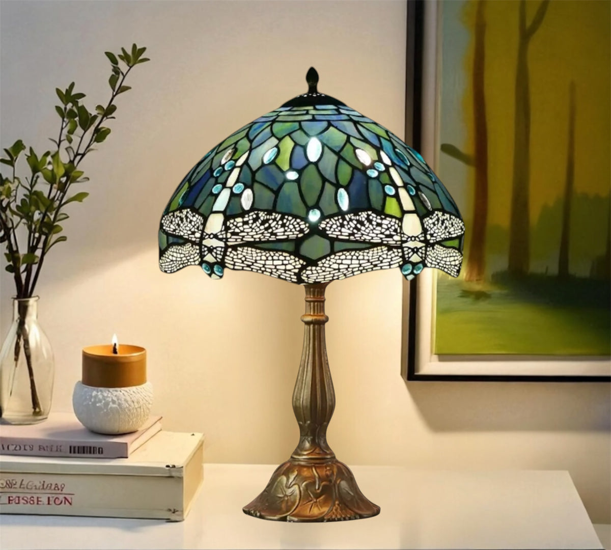 Green-blue mosaic stained glass table lamp with bronze stem and wide shade