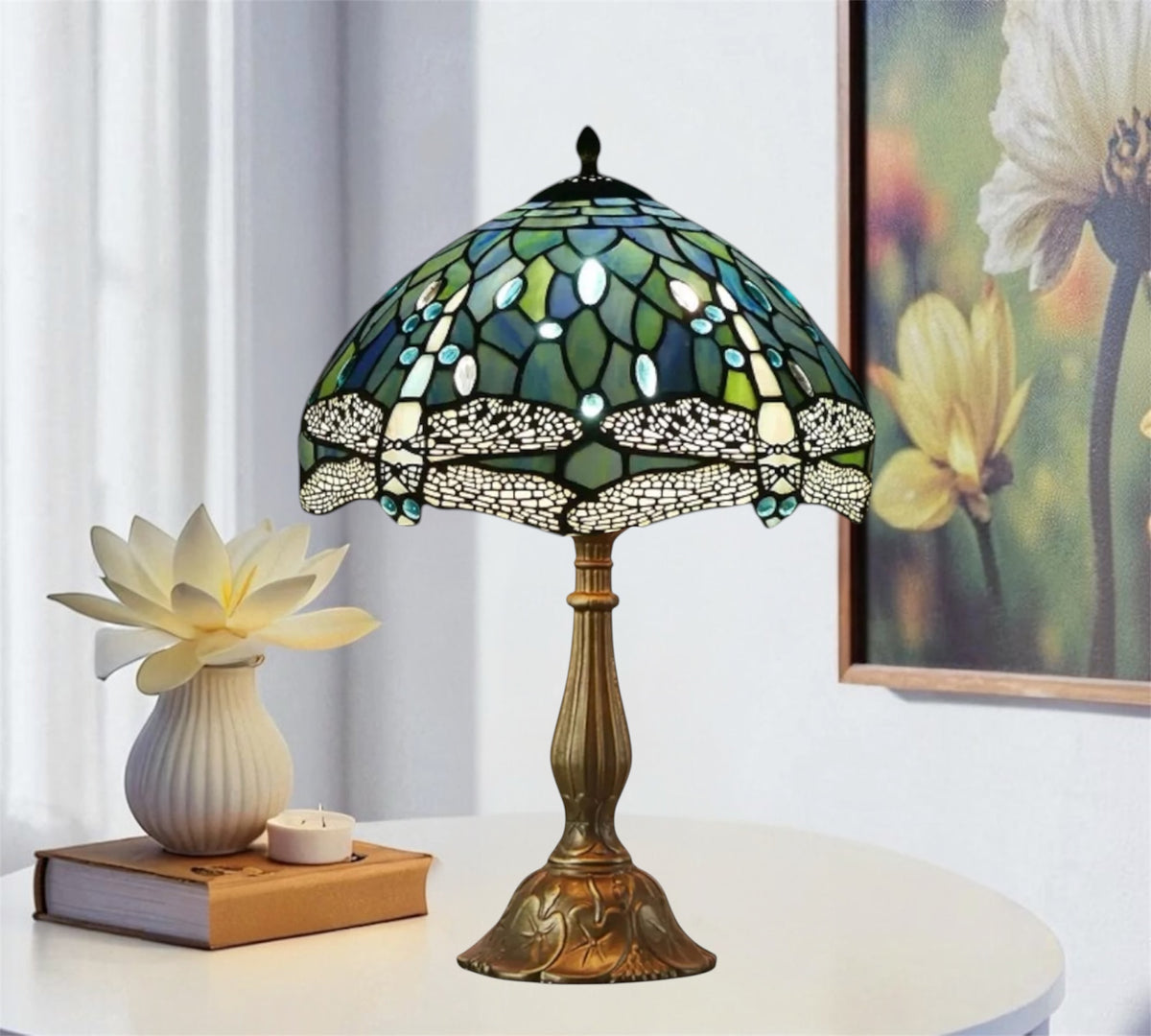 Stained glass table lamp with green-blue dome shade and bronze pedestal base