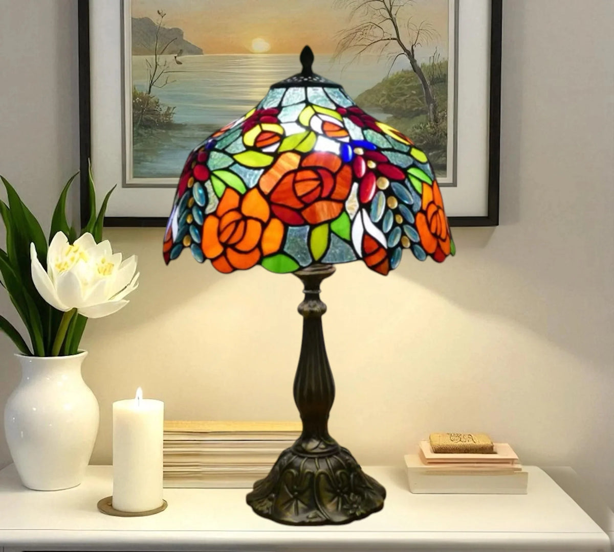 12" stained glass table lamp with multicolor floral shade and bronze metal base