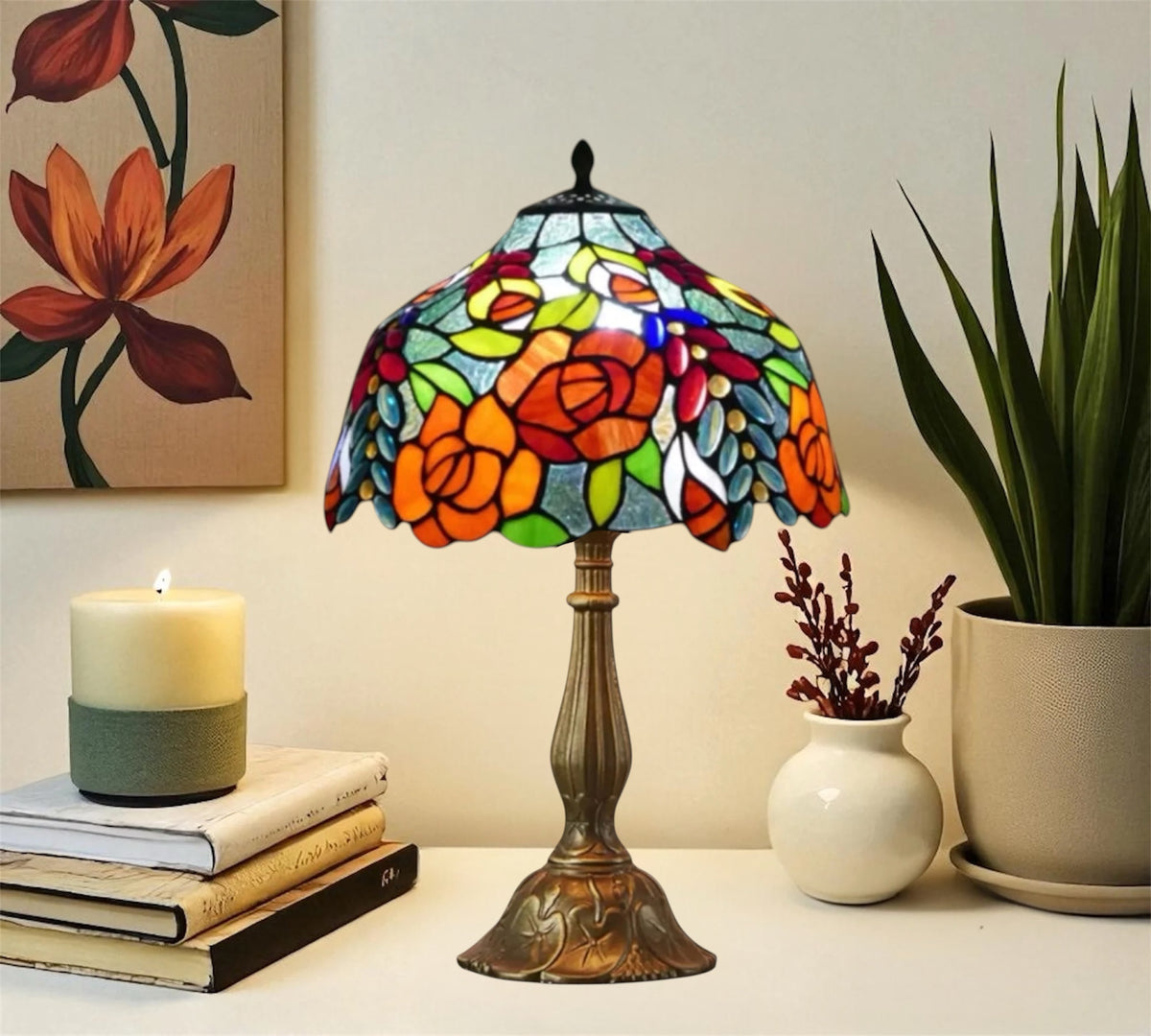 12" Tiffany-style table lamp, multicolor floral stained-glass shade on bronze base