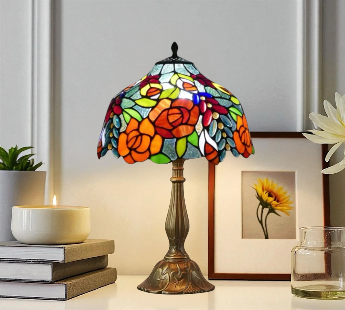12" stained glass table lamp with rounded multicolor floral shade and bronze base