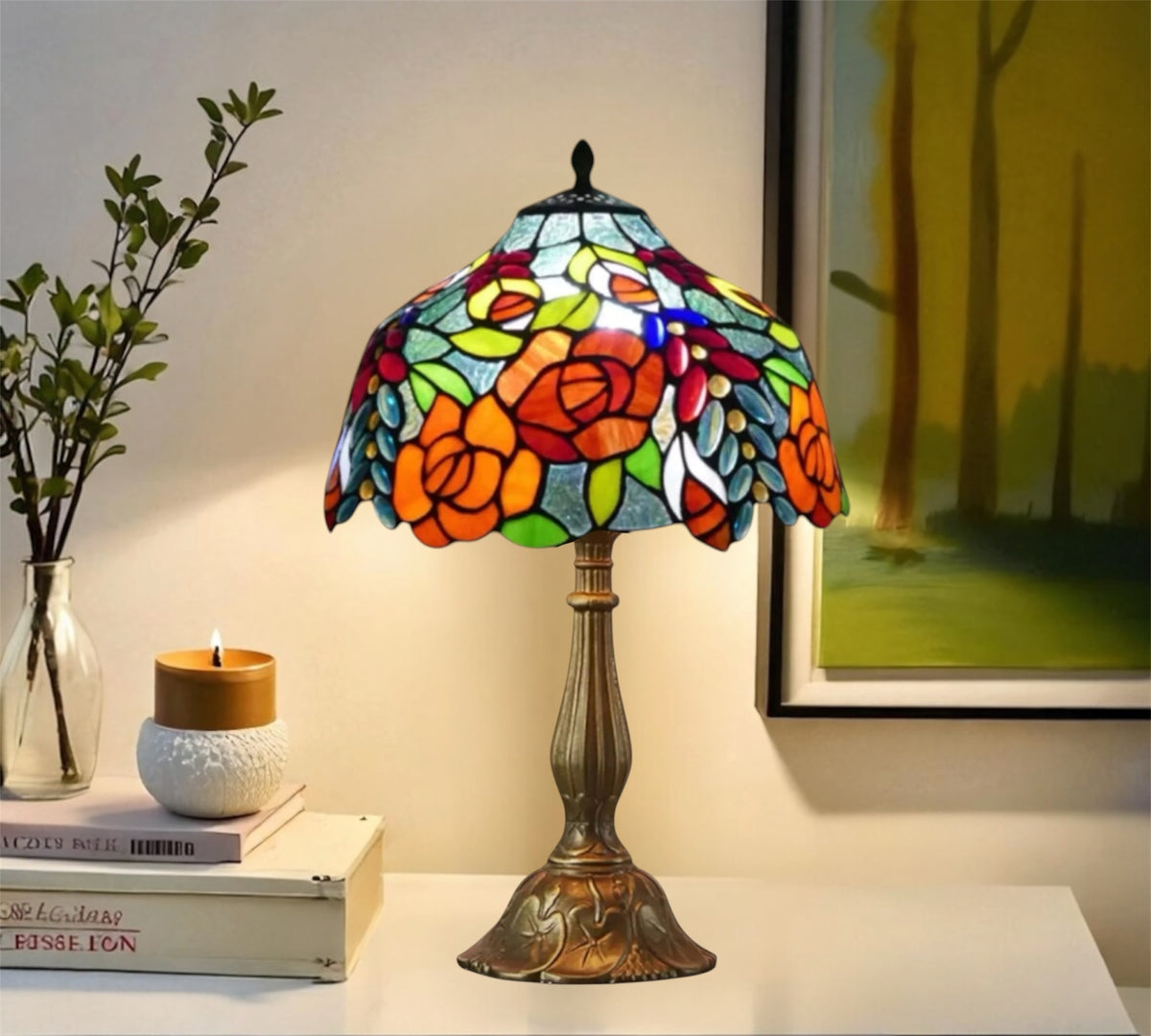 12" Tiffany-style table lamp featuring multicolor floral stained-glass shade on bronze base