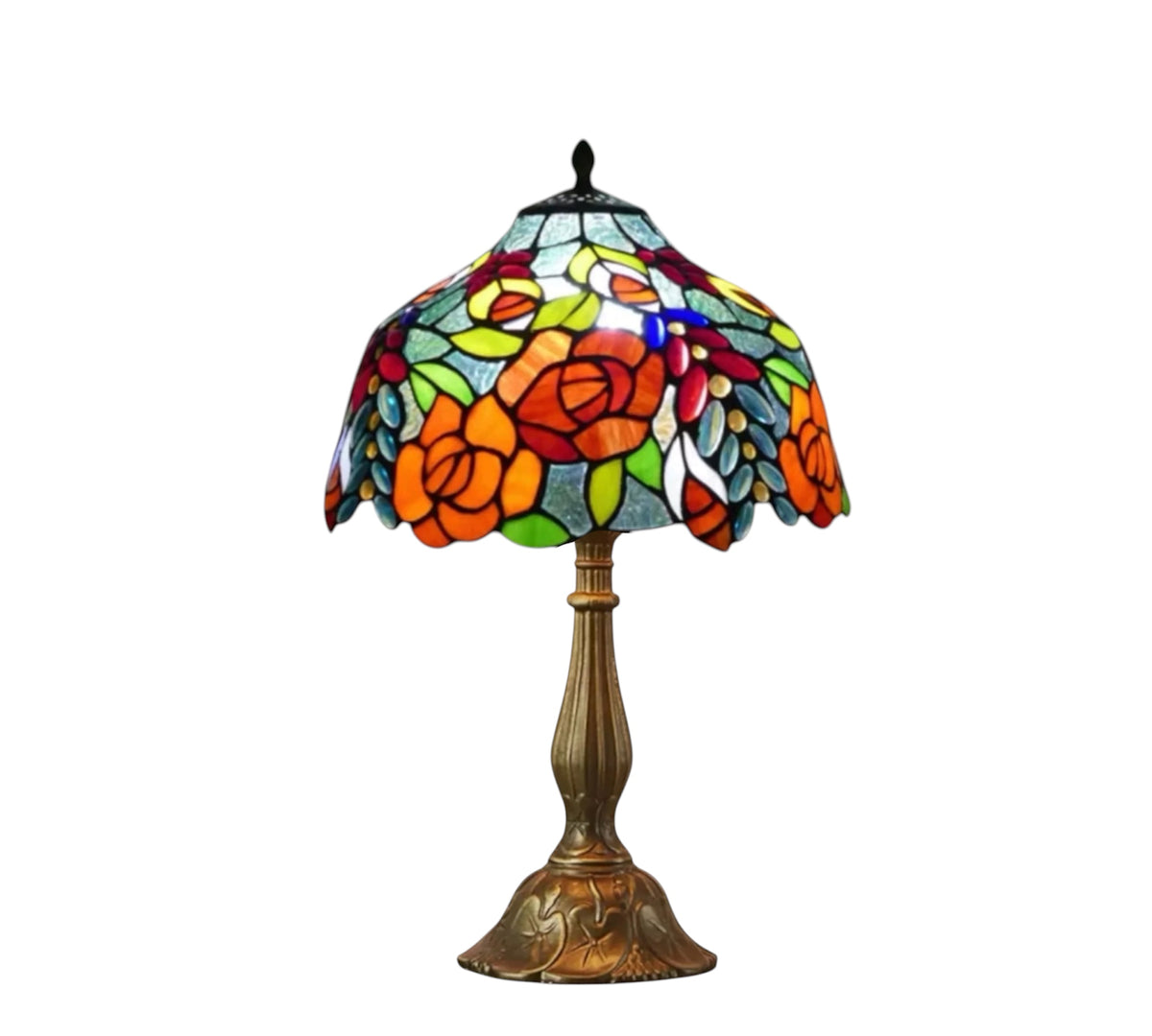 12" stained glass table lamp, multicolor floral shade with bronze metal pedestal base