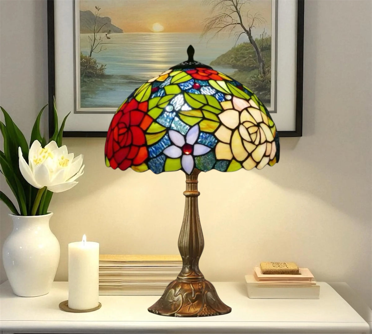 Tiffany-style stained glass table lamp with multicolor dome shade and bronze base