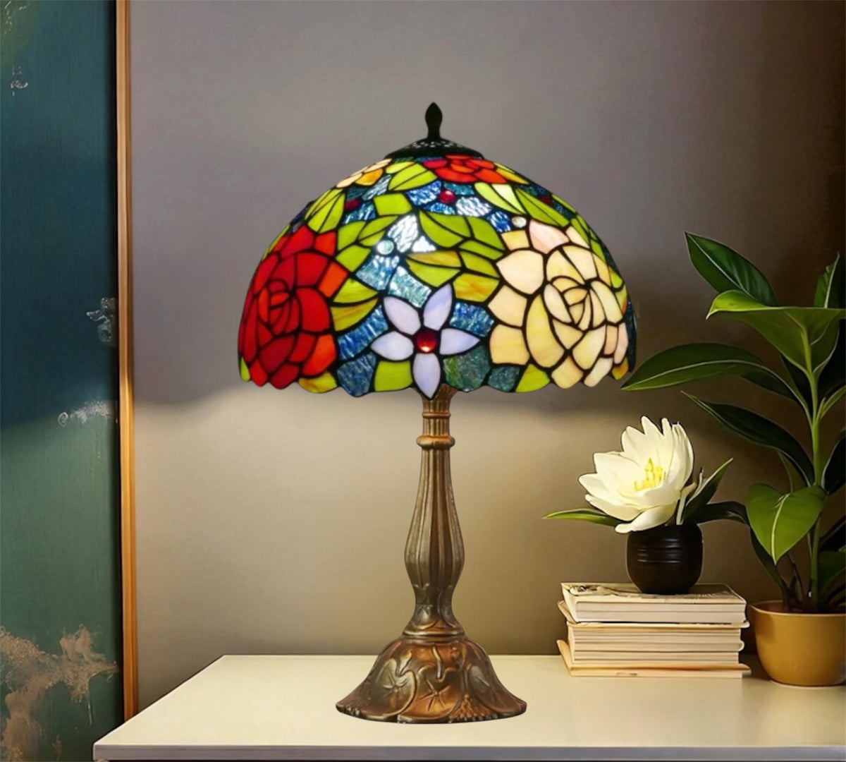 Tiffany-style stained glass table lamp featuring a multicolor dome shade atop a bronze base