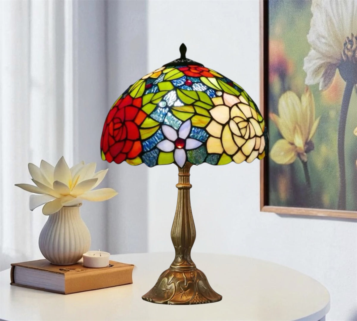 Tiffany-style stained glass table lamp with multicolor dome shade and ornate bronze base