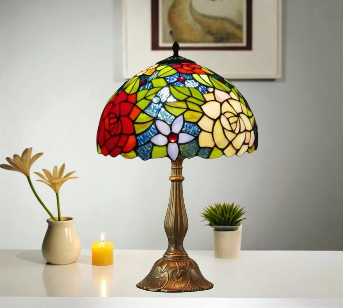 Tiffany-style stained glass table lamp showing a multicolor dome shade and bronze base