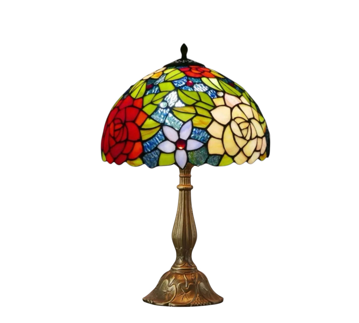 Tiffany-style stained glass table lamp, multicolor dome shade and bronze base on white background