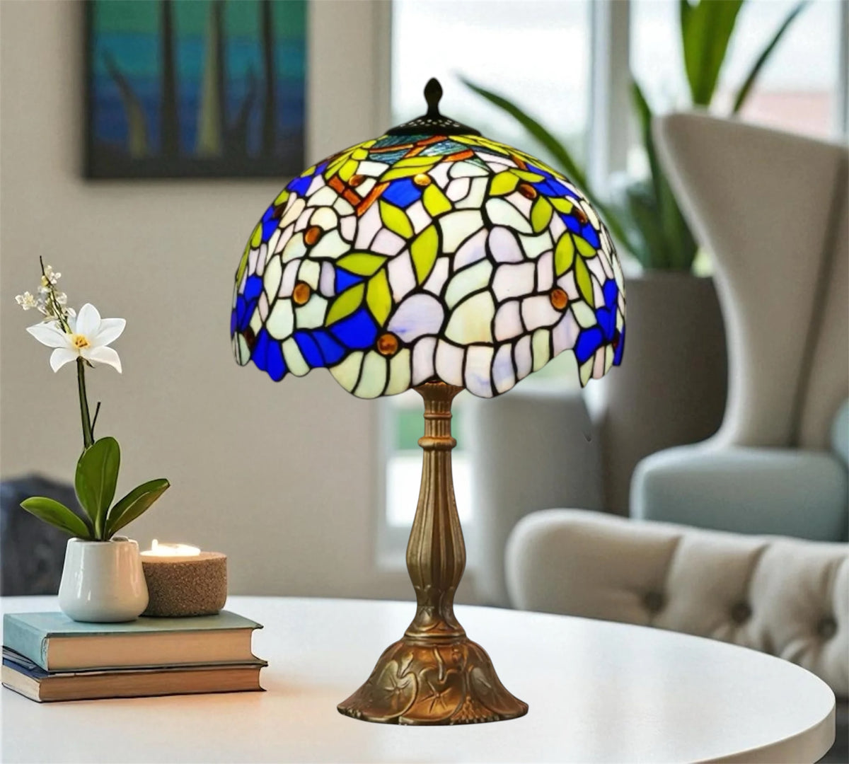 Tiffany-style table lamp with multicolor stained-glass dome shade and bronze pedestal base