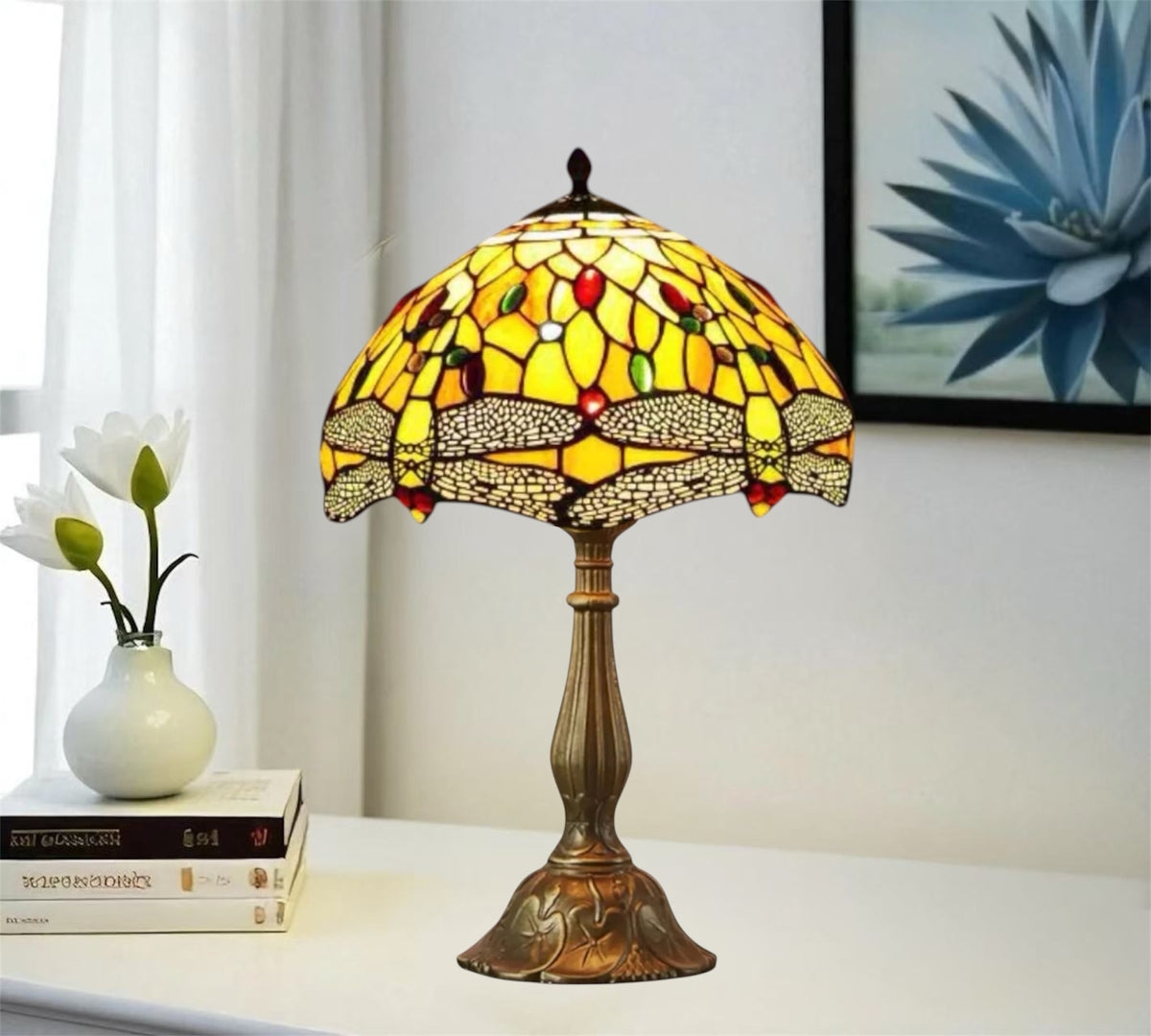 12-inch Tiffany-style stained glass table lamp with multicolor shade and bronze metal base