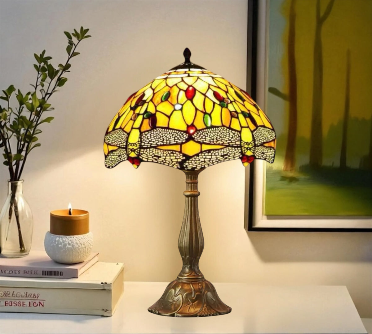 Tiffany-style stained glass table lamp, multicolor dome shade with bronze pedestal base