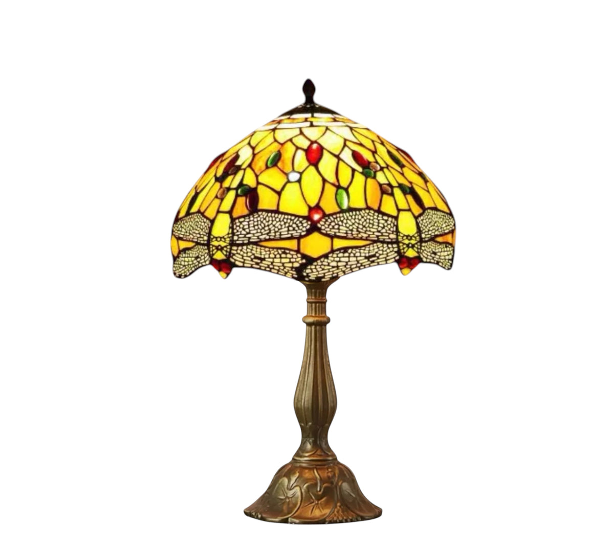 Tiffany-style stained glass table lamp with multicolor dome shade and bronze base, 12-inch