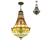 Two inverted stained glass pendant chandeliers with multicolor mosaic shades and metal chains.