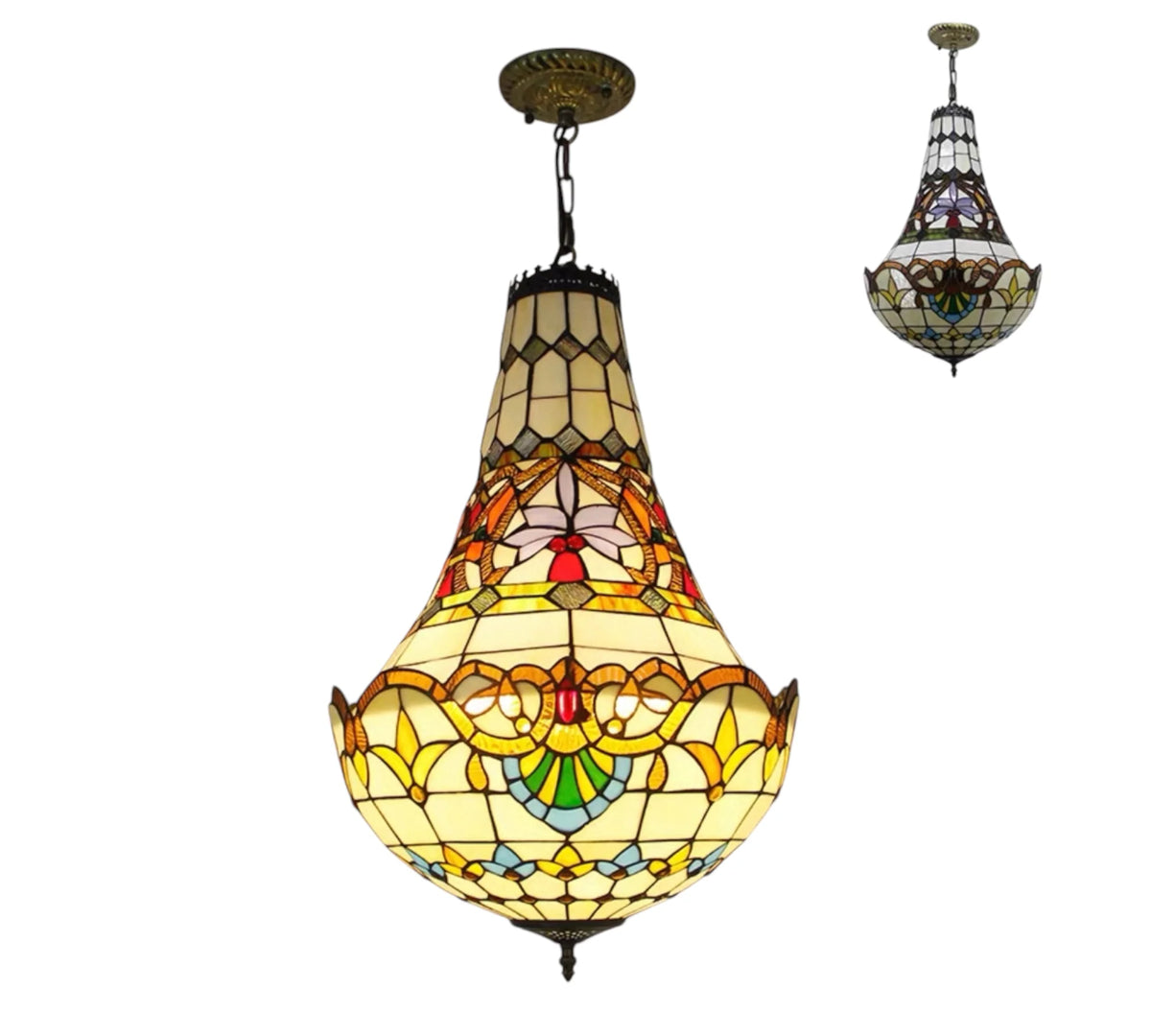 Two inverted stained glass pendant chandeliers with multicolor mosaic shades and metal chains.