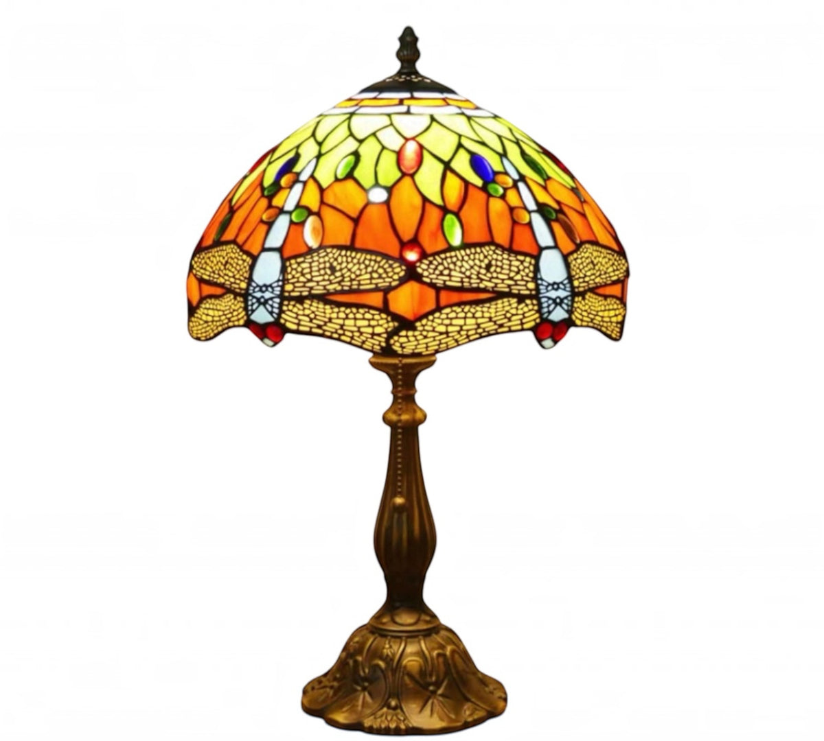 Studio view of Tiffany table lamp: multicolor stained-glass dome shade, bronze metal base.