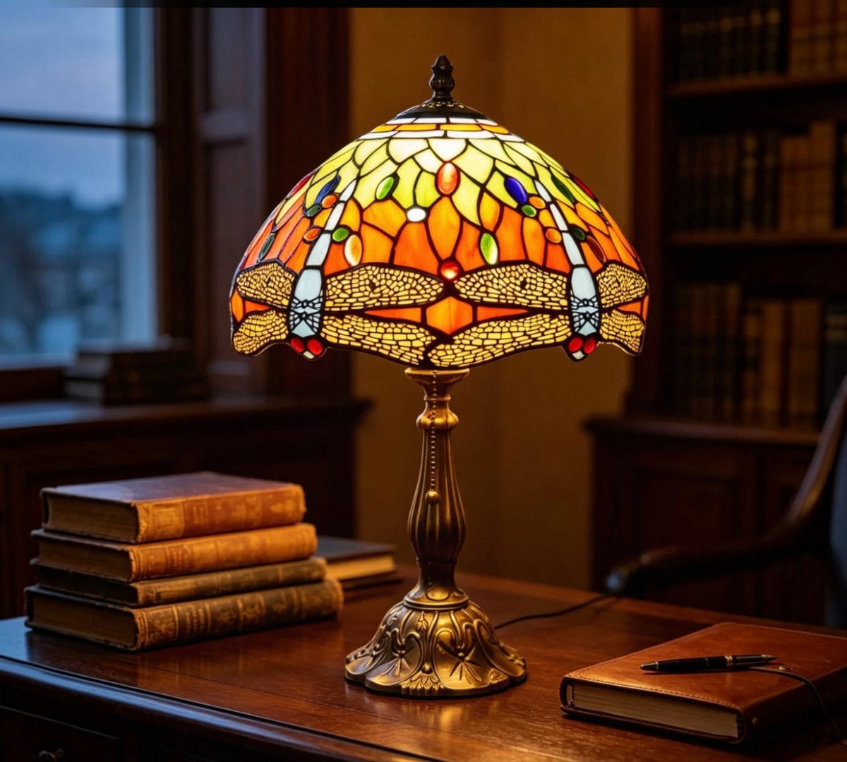 CDH 12-inch Tiffany table lamp with stained glass multicolor shade and metal alloy base