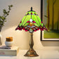 Tiffany table lamp featuring green stained-glass shade with red scalloped trim