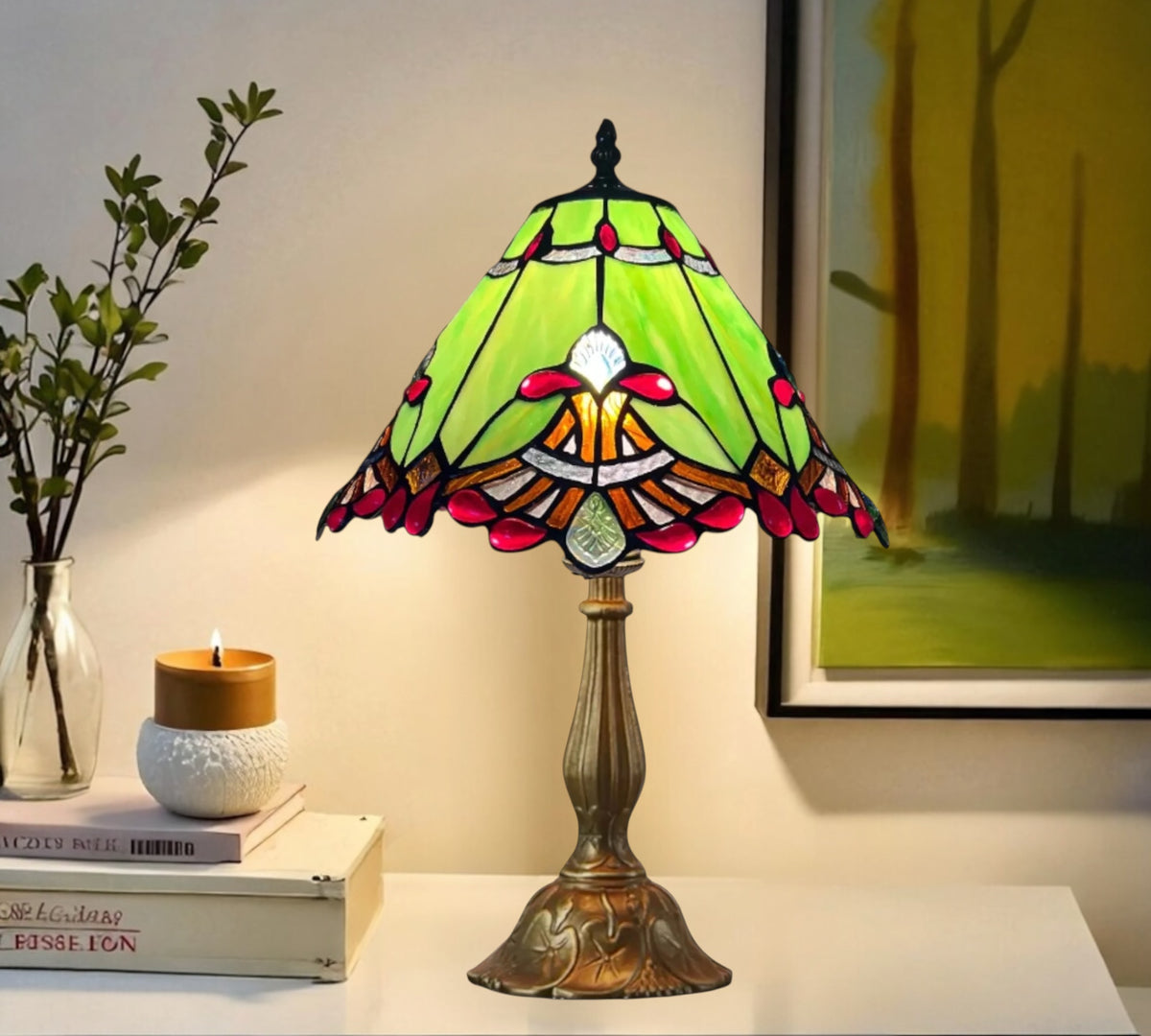 Tiffany table lamp featuring green stained-glass shade with red scalloped trim