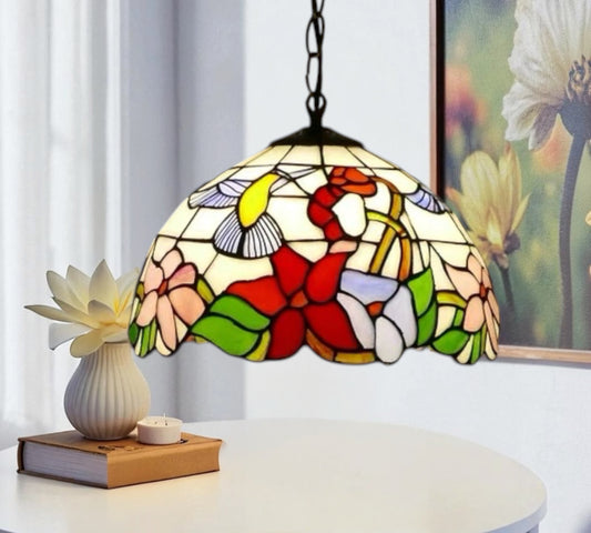 Multicolor stained glass pendant lamp with scalloped floral shade and black hanging chain