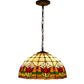 Hanging stained glass pendant lamp shade with red tulip panels and green leaf accents