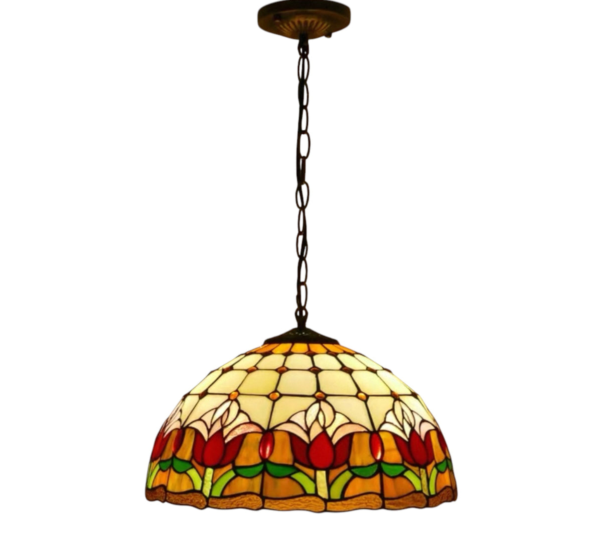 Hanging stained glass pendant lamp shade with red tulip panels and green leaf accents