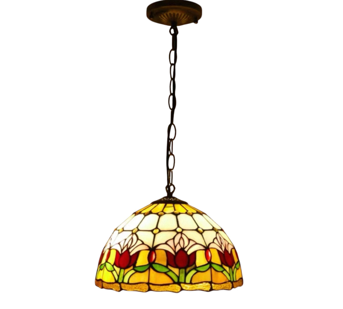 Small stained glass pendant lamp shade with yellow floral design and hanging chain
