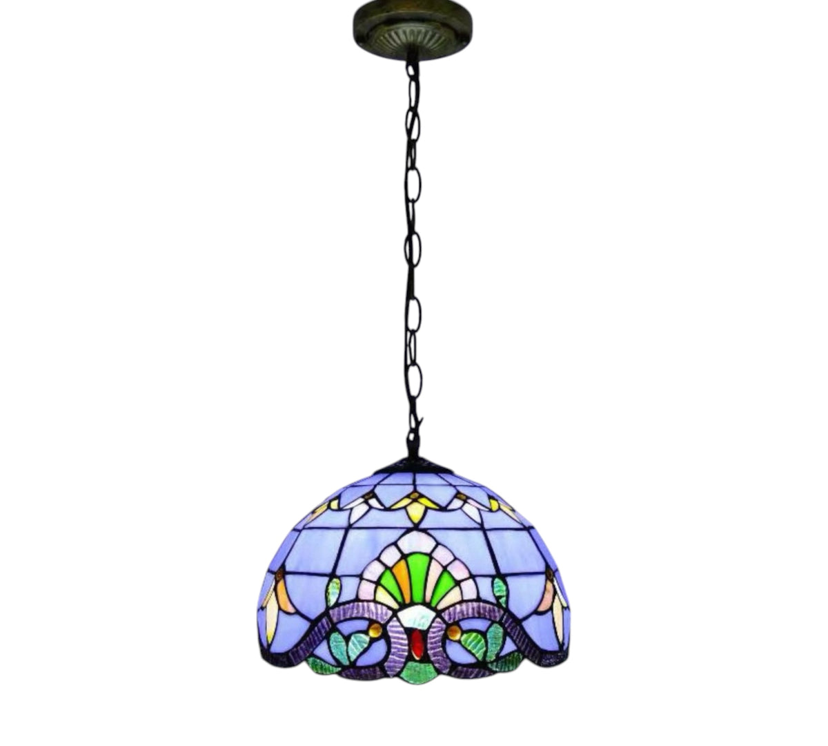 Stained glass pendant lamp with dark metal chain and blue multicolor dome shade