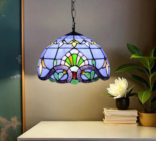 Stained glass pendant lamp with blue shade, multicolor floral pattern, and dark chain