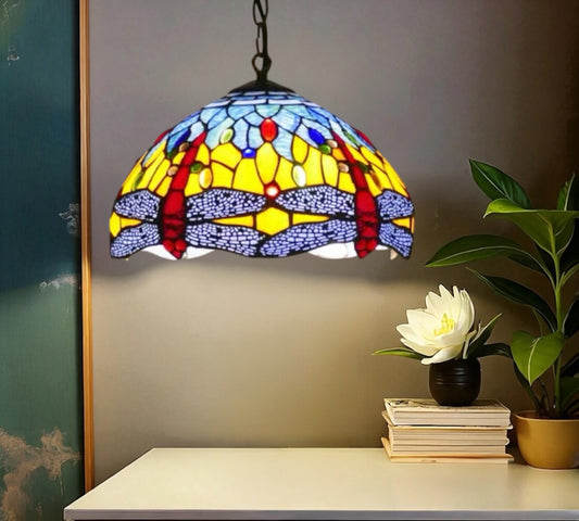 Stained glass pendant lamp shade with multicolor stained-glass mosaic, hanging on chain