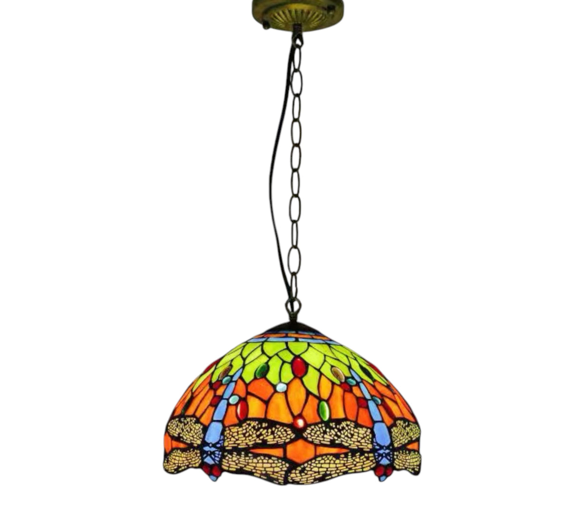 Tiffany-style stained glass pendant lamp with multicolor dome shade and hanging chain