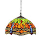 Tiffany-style stained glass pendant lamp dome shade with red, green, blue, and orange glass