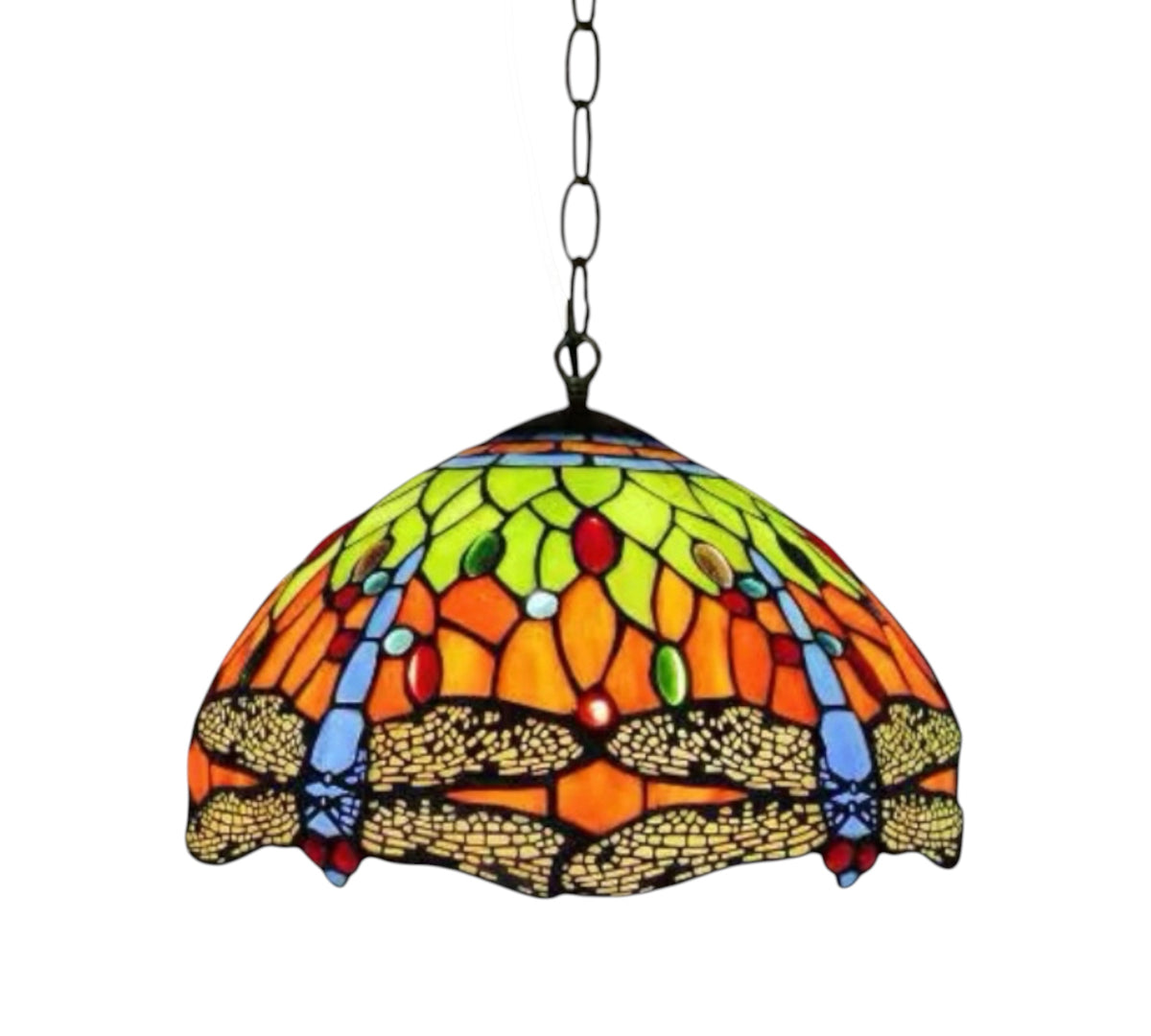 Tiffany-style stained glass pendant lamp dome shade with red, green, blue, and orange glass