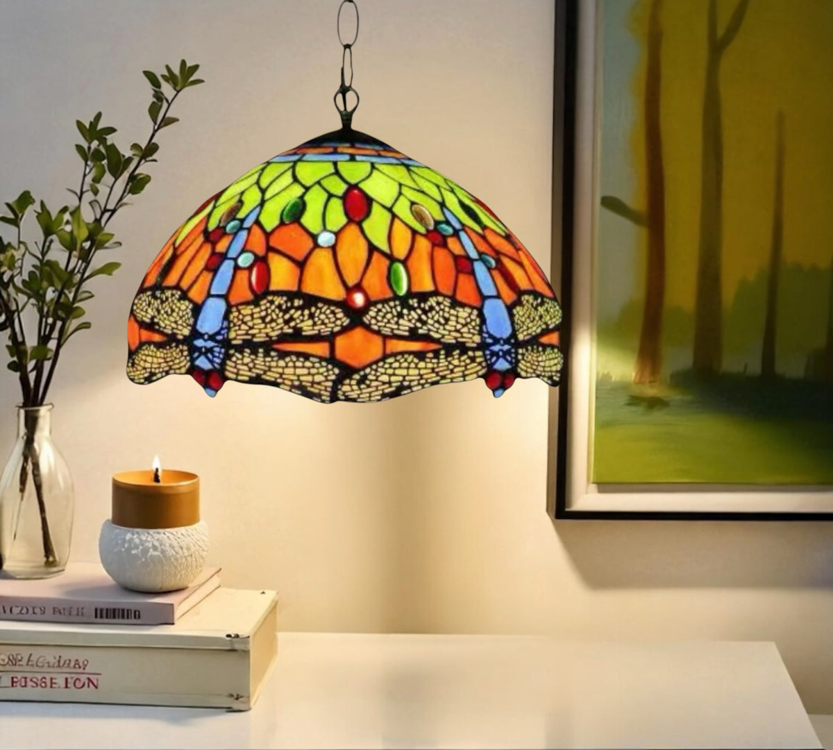 Tiffany-style stained glass pendant lamp with colorful dome shade over a plain table