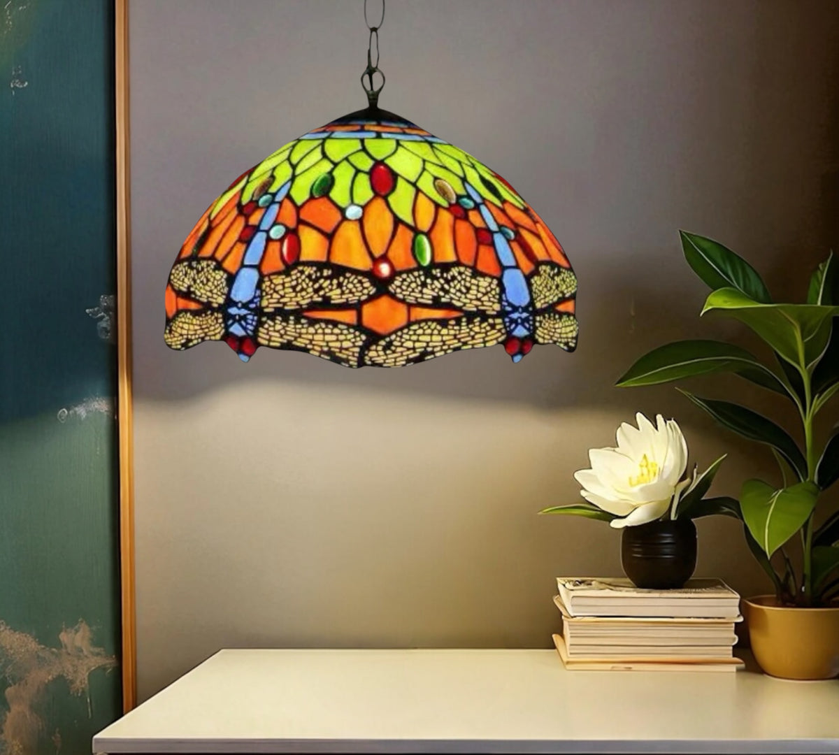 Tiffany-style stained glass pendant lamp dome shade in green, orange, blue, and red glass