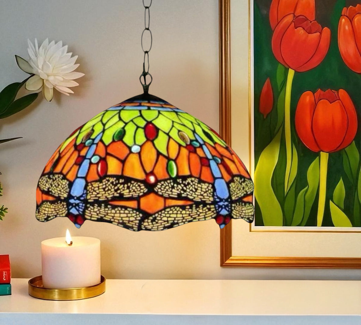 Tiffany-style stained glass pendant lamp dome shade with candlelit ambiance and chain