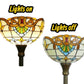 Torchiere lamp shade with bright stained-glass pattern when lit, darker when off