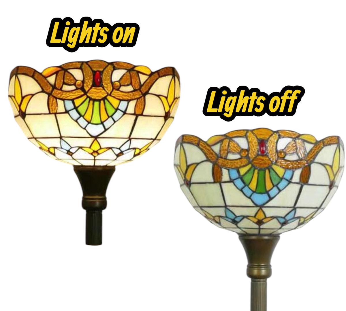Torchiere lamp shade with bright stained-glass pattern when lit, darker when off