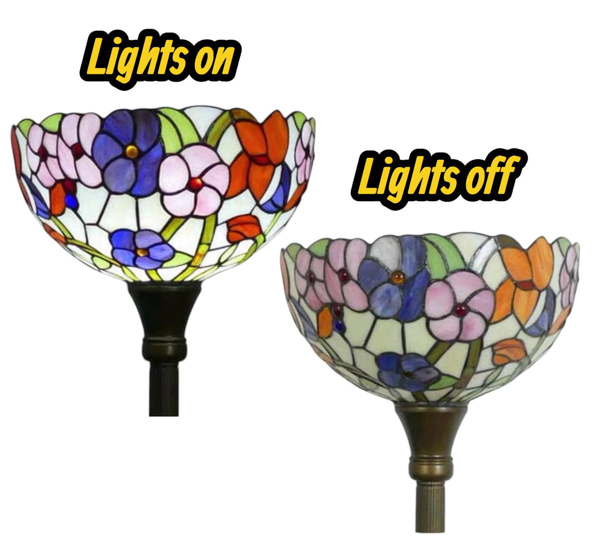 Stained glass torchiere floor lamp shade with dark metal base, two lighting views
