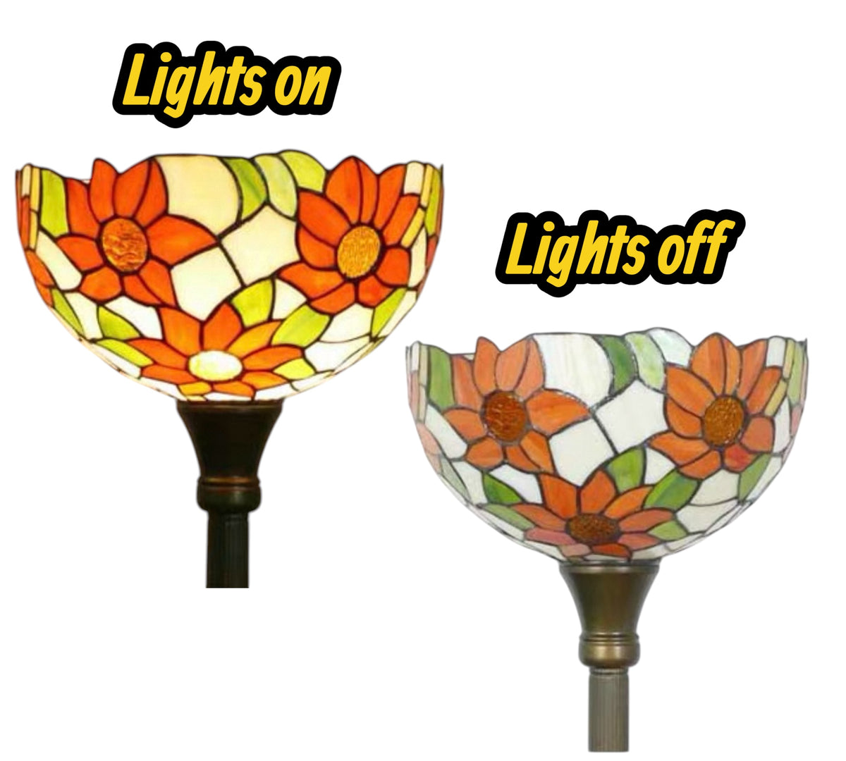 Tiffany-style stained glass floor lamp shade with dark metal torchiere base, lit